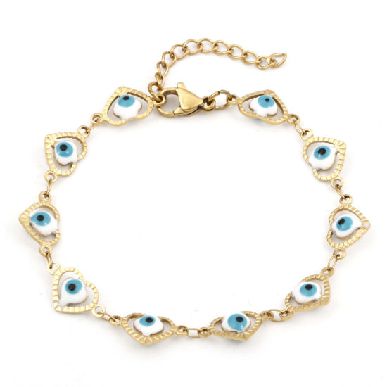 Picture of Eco-friendly Vacuum Plating 304 Stainless Steel Religious Handmade Link Chain Bracelets 18K Gold Plated White Heart Evil Eye Enamel 17.5cm(6 7/8") long, 1 Piece