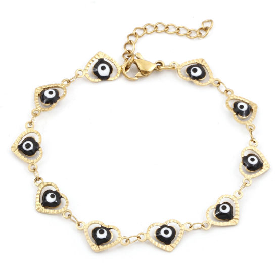 Изображение Экологически чистое вакуумное покрытие 304 Нержавеющая Сталь религия Цепь ручной работы Браслеты 18K позолоченный Черный Сердце Злой Глаз С Эмалью 17.5см Длина, 1 ШТ