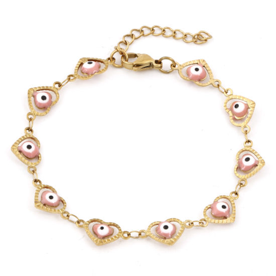 Picture of Eco-friendly Vacuum Plating 304 Stainless Steel Religious Handmade Link Chain Bracelets 18K Gold Plated Light Pink Heart Evil Eye Enamel 17.5cm(6 7/8") long, 1 Piece