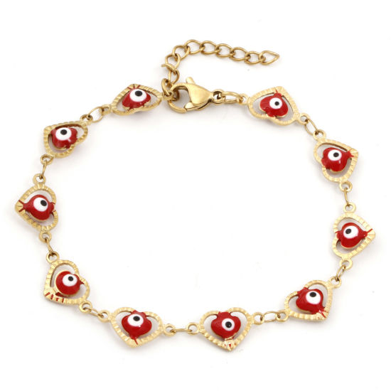 Picture of Eco-friendly Vacuum Plating 304 Stainless Steel Religious Handmade Link Chain Bracelets 18K Gold Plated Red Heart Evil Eye Enamel 17.5cm(6 7/8") long, 1 Piece