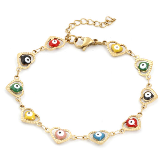 Picture of Eco-friendly Vacuum Plating 304 Stainless Steel Religious Handmade Link Chain Bracelets 18K Gold Plated Multicolor Heart Evil Eye Enamel 17.5cm(6 7/8") long, 1 Piece