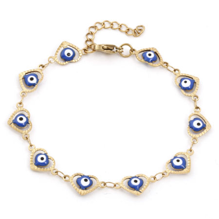 Bild von Umweltfreundliche Vakuumbeschichtung 304 Edelstahl Religiös Handgefertigte Gliederkette Armband 18K Gold plattiert Saphirblau Herz Böser Blick Evil Eye Emaille 17.5cm lang, 1 Strang