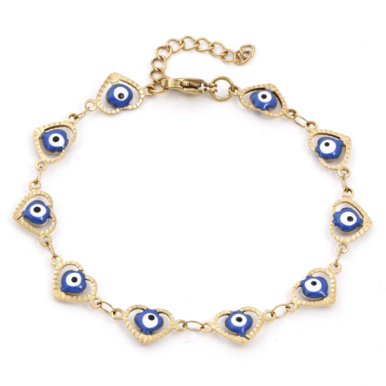 Picture of Eco-friendly Vacuum Plating 304 Stainless Steel Religious Handmade Link Chain Bracelets 18K Gold Plated Royal Blue Heart Evil Eye Enamel 17.5cm(6 7/8") long, 1 Piece