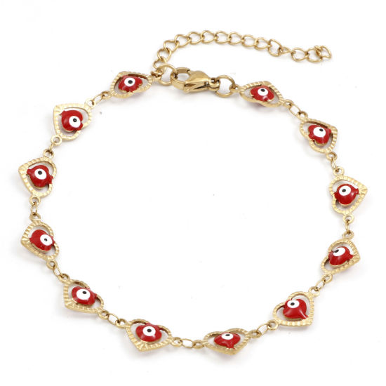Immagine di 1 Pz Placcatura Sottovuoto 304 Acciaio Inossidabile Religione Catena a Maglia Fatta a Mano Cavigliere Placcato Oro 18K Rosso Smalto Cuore Malocchio 21cm lunghezza