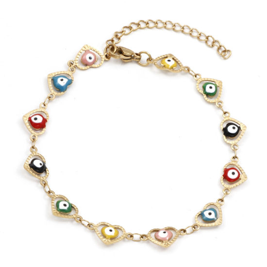 Immagine di 1 Pz Placcatura Sottovuoto 304 Acciaio Inossidabile Religione Catena a Maglia Fatta a Mano Cavigliere Placcato Oro 18K Multicolore Smalto Cuore Malocchio 21cm lunghezza