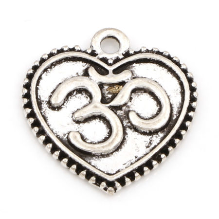 Bild von Zinklegierung Religiös Charms Antiksilber Herz OM Symbol 21mm x 20mm, 10 Stück