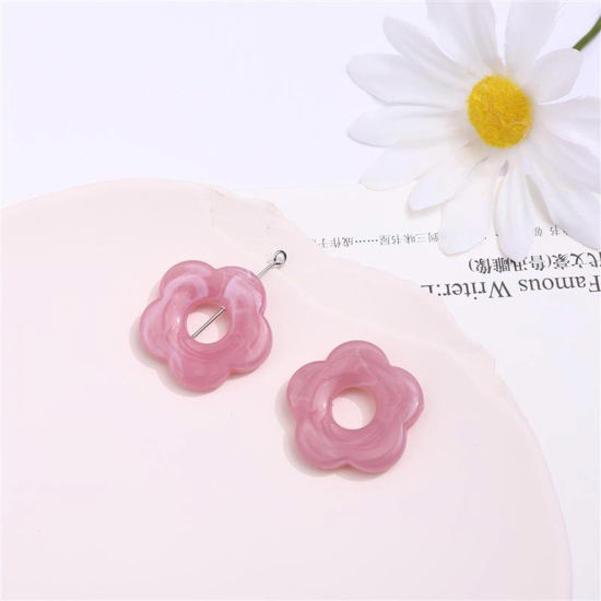 Picture of Acrylic Beads For DIY Jewelry Making (Half Drilled) Pink Flower Ink Spot About 27mm x 27mm, 10 PCs
