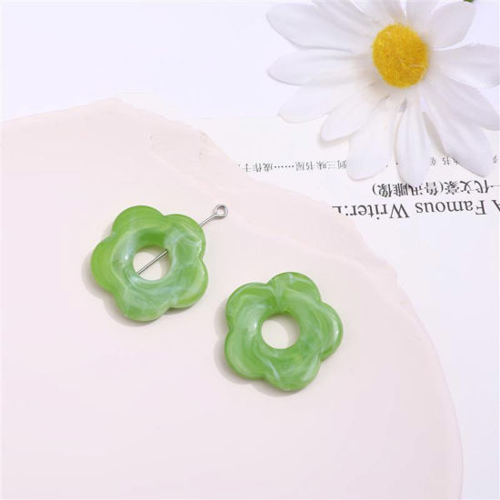 Picture of Acrylic Beads For DIY Jewelry Making (Half Drilled) Green Flower Ink Spot About 27mm x 27mm, 10 PCs