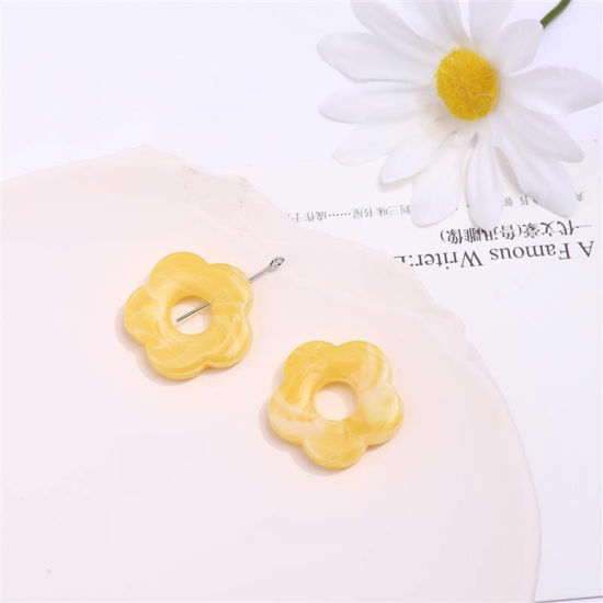 Picture of Acrylic Beads For DIY Jewelry Making (Half Drilled) Yellow Flower Ink Spot About 27mm x 27mm, 10 PCs