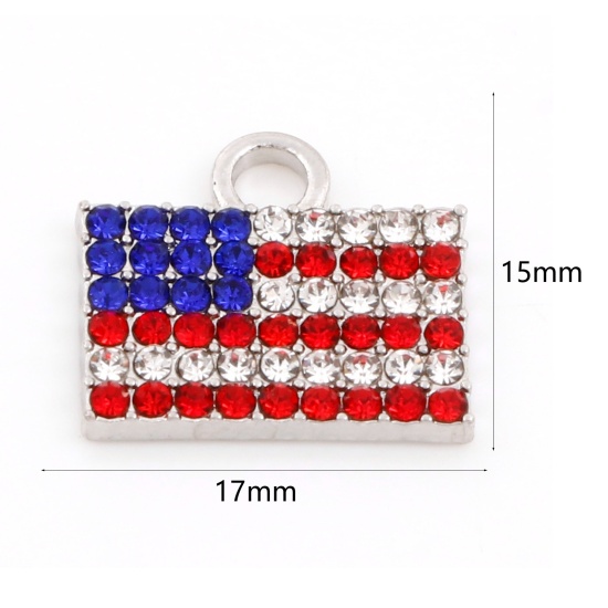 Immagine di Lega di Zinco Festa dell'Indipendenza Americana Charms Bandiera Nazionale Tono Argento Rosso & Blu Strass Smalto 17mm x 15mm , 5 Pz