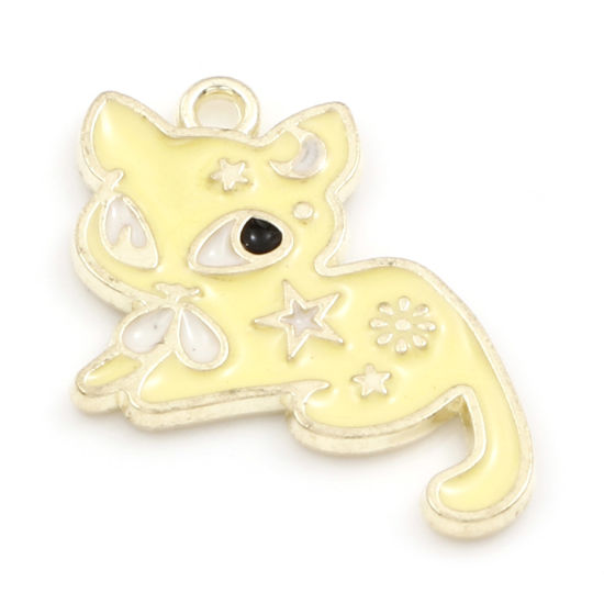 Picture of Zinc Based Alloy Charms Gold Plated Yellow Cat Animal Enamel 19mm x 16mm, 10 PCs