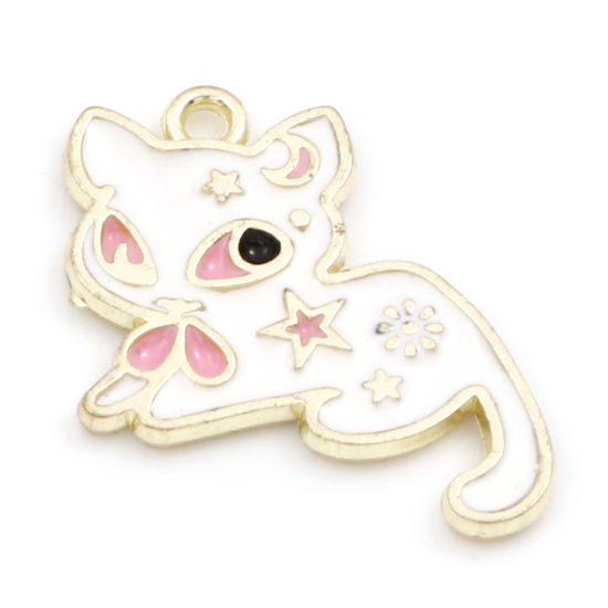 Picture of Zinc Based Alloy Charms Gold Plated White Cat Animal Enamel 19mm x 16mm, 10 PCs