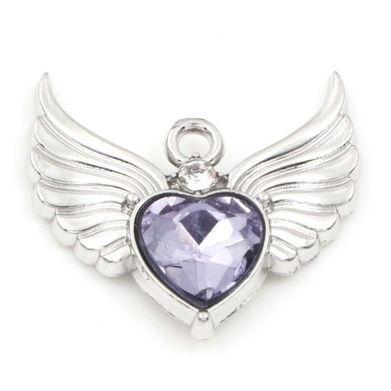 Picture of Zinc Based Alloy Valentine's Day Charms Silver Tone Heart Wing Purple Rhinestone 22.5mm x 21mm, 5 PCs