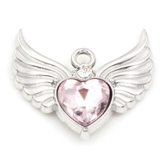 Picture of Zinc Based Alloy Valentine's Day Charms Silver Tone Heart Wing Pink Rhinestone 22.5mm x 21mm, 5 PCs