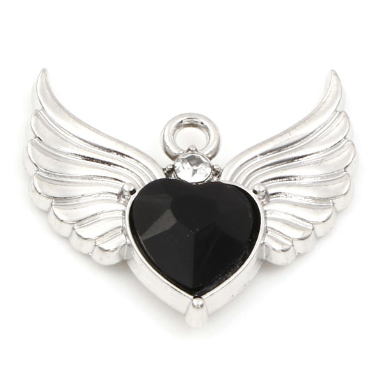 Picture of Zinc Based Alloy Valentine's Day Charms Silver Tone Heart Wing Black Rhinestone 22.5mm x 21mm, 5 PCs