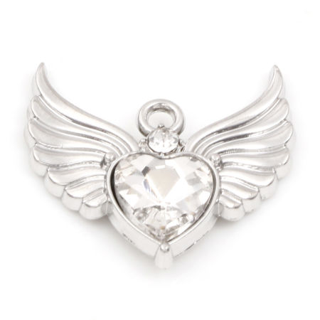 Bild von Zinklegierung Valentinstag Charms Silberfarbe Herz Flügel Transparent Strass 22.5mm x 21mm, 5 Stück