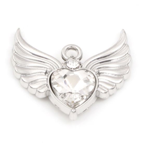 Picture of Zinc Based Alloy Valentine's Day Charms Silver Tone Heart Wing Clear Rhinestone 22.5mm x 21mm, 5 PCs