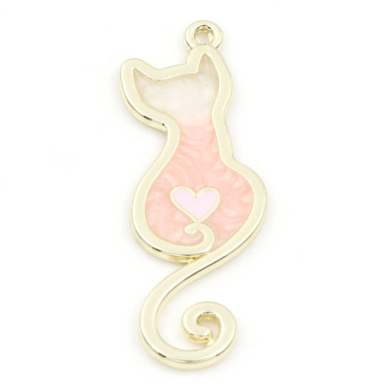 Bild von Zinklegierung Anhänger Vergoldet Orange Rosa Farbverlauf Katze Emaille 3.4cm x 1.2cm, 10 Stück