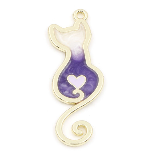 Bild von Zinklegierung Anhänger Vergoldet Lila Farbverlauf Katze Emaille 3.4cm x 1.2cm, 10 Stück