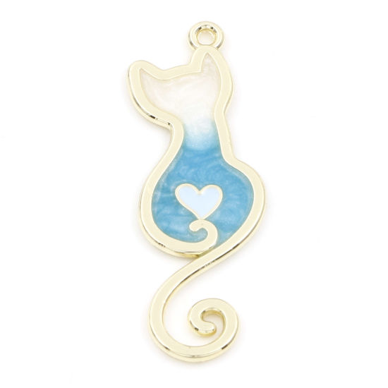 Bild von Zinklegierung Anhänger Vergoldet Blau Farbverlauf Katze Emaille 3.4cm x 1.2cm, 10 Stück