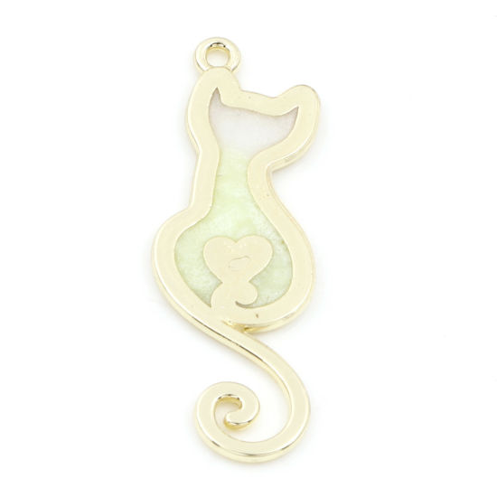 Bild von Zinklegierung Anhänger Vergoldet Gelbgrün Farbverlauf Katze Emaille 3.4cm x 1.2cm, 10 Stück