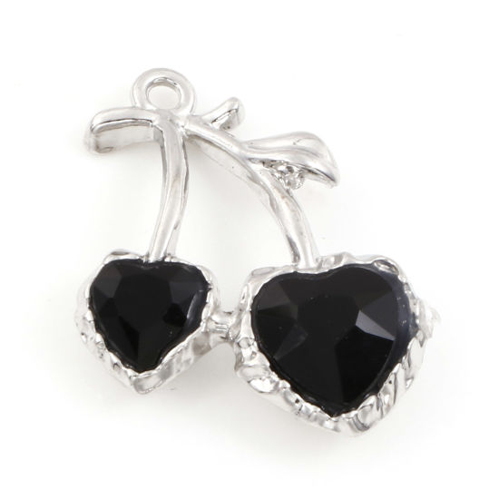 Picture of Zinc Based Alloy Charms Silver Tone Cherry Fruit Black Rhinestone 25mm x 20mm, 5 PCs