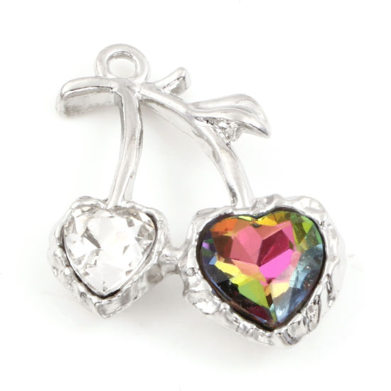 Picture of Zinc Based Alloy Charms Silver Tone Cherry Fruit Multicolor Rhinestone 25mm x 20mm, 5 PCs