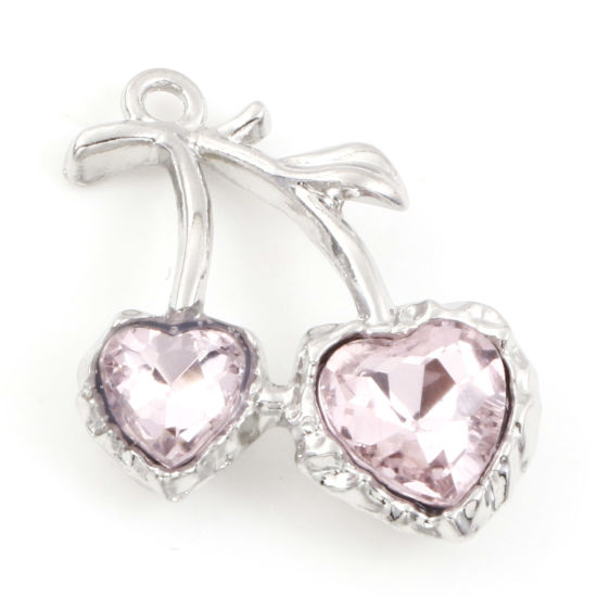 Picture of Zinc Based Alloy Charms Silver Tone Cherry Fruit Pink Rhinestone 25mm x 20mm, 5 PCs