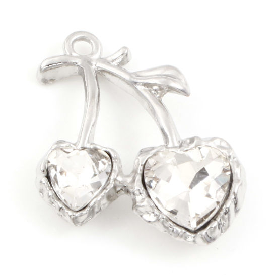 Picture of Zinc Based Alloy Charms Silver Tone Cherry Fruit Clear Rhinestone 25mm x 20mm, 5 PCs