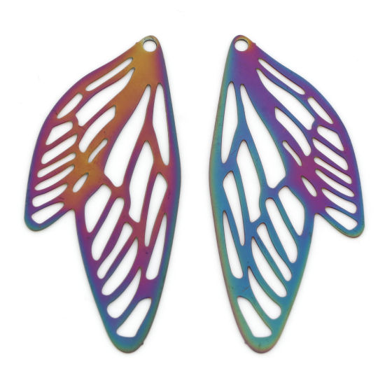 Picture of Iron Based Alloy Filigree Stamping Pendants Rainbow Color Plated Butterfly Wing Insect 5cm x 2.1cm, 10 PCs