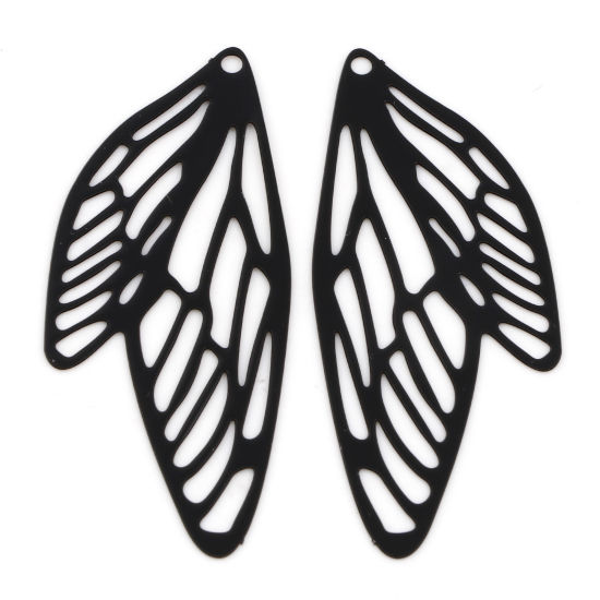 Picture of Iron Based Alloy Filigree Stamping Pendants Black Butterfly Wing Insect Painted 5cm x 2.1cm, 10 PCs