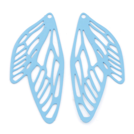 Picture of Iron Based Alloy Filigree Stamping Pendants Blue Butterfly Wing Insect Painted 5cm x 2.1cm, 10 PCs