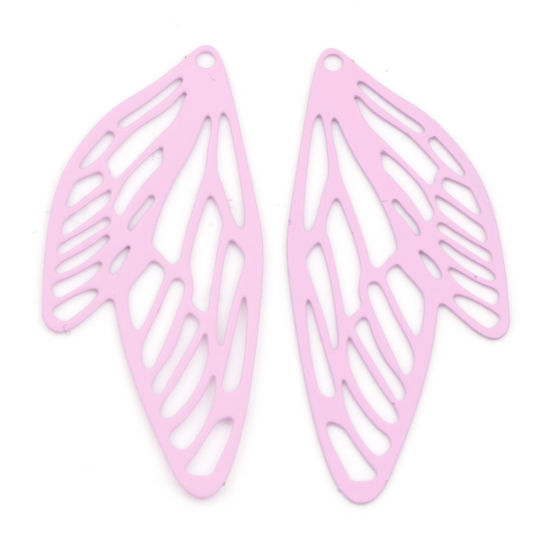 Picture of Iron Based Alloy Filigree Stamping Pendants Pink Butterfly Wing Insect Painted 5cm x 2.1cm, 10 PCs