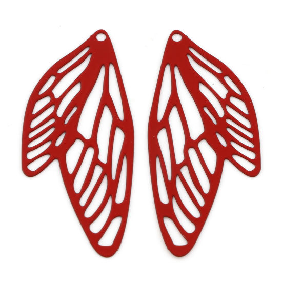 Picture of Iron Based Alloy Filigree Stamping Pendants Red Butterfly Wing Insect Painted 5cm x 2.1cm, 10 PCs