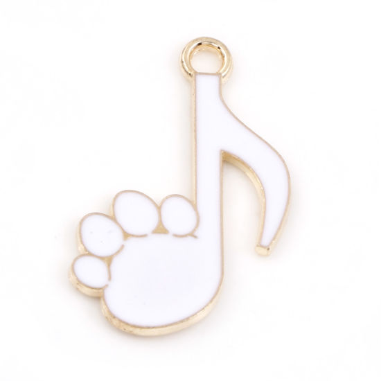 Picture of Zinc Based Alloy Music Charms Gold Plated White Musical Note Paw Claw Enamel 25mm x 17mm, 10 PCs