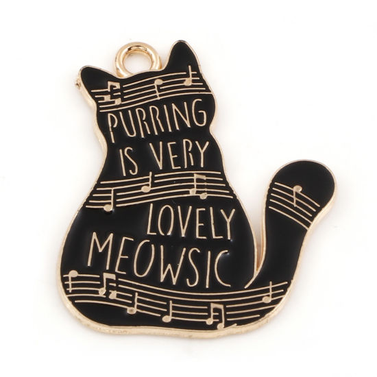 Picture of Zinc Based Alloy Music Charms Gold Plated Black & White Cat Animal Sheet Music Enamel 28mm x 22mm, 10 PCs