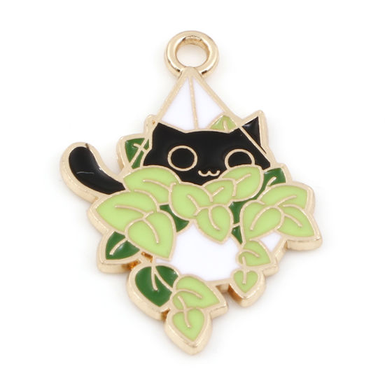 Picture of Zinc Based Alloy Cute Charms Gold Plated Multicolor Cat Animal Leaf Enamel 28mm x 19mm, 10 PCs