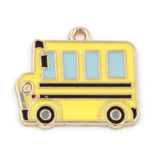 Bild von Zinklegierung Transport Charms Vergoldet Bunt Bus Emaille 25mm x 23mm, 5 Stück