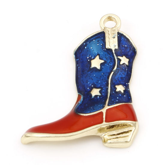 Picture of Zinc Based Alloy American Independence Day Pendants Gold Plated Red & Blue Boots Enamel 3.1cm x 2.4cm, 5 PCs