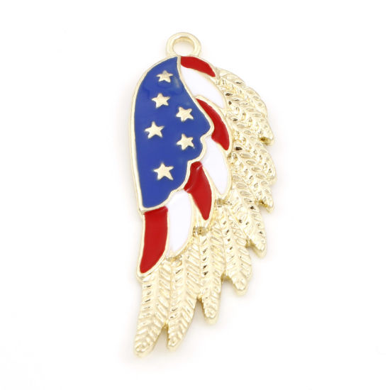 Picture of Zinc Based Alloy American Independence Day Pendants Gold Plated Red & Blue Wing Enamel 4.8cm x 1.9cm, 5 PCs