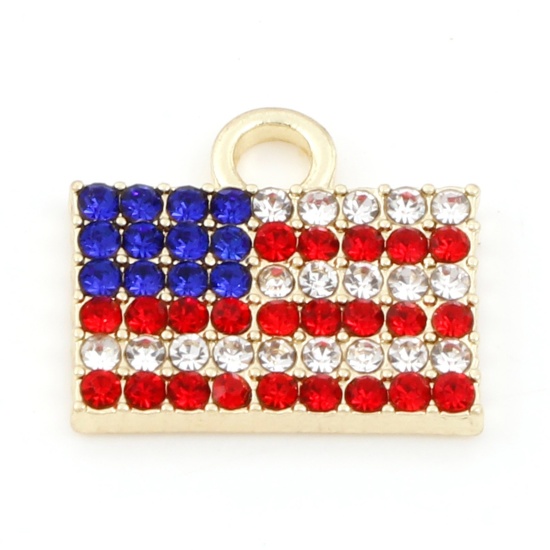 Picture of Zinc Based Alloy American Independence Day Charms Gold Plated Blue Flag Of The United States Enamel Clear & Red Rhinestone 17mm x 15mm, 5 PCs