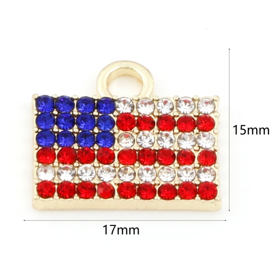 Picture of Zinc Based Alloy American Independence Day Charms Gold Plated Blue Flag Of The United States Enamel Clear & Red Rhinestone 17mm x 15mm, 5 PCs