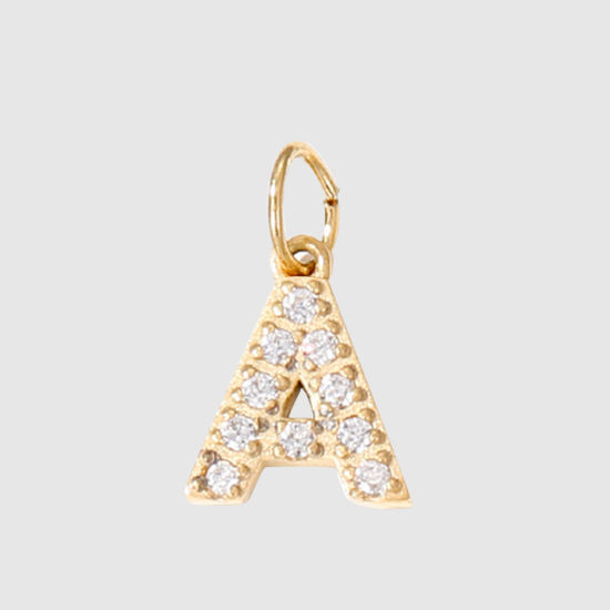 Picture of 1 Piece Eco-friendly PVD Vacuum Plating 304 Stainless Steel Charms 14K Gold Plated Capital Alphabet Initial Letter Message " A " Micro Pave Clear Rhinestone 8mm Dia.