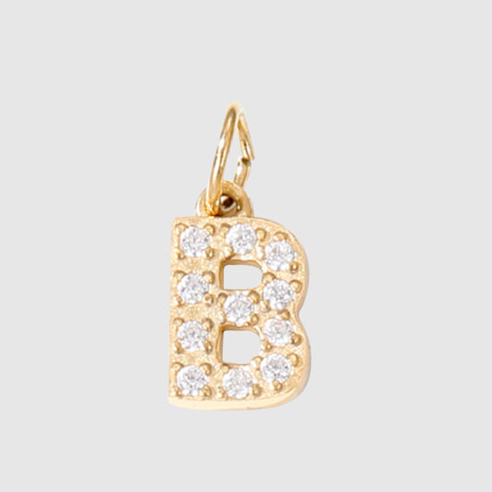 Picture of 1 Piece Eco-friendly PVD Vacuum Plating 304 Stainless Steel Charms 14K Gold Plated Capital Alphabet Initial Letter Message " B " Micro Pave Clear Rhinestone 8mm Dia.