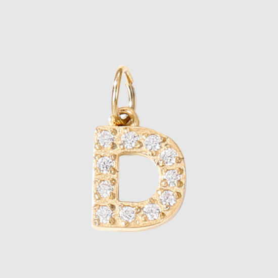 Picture of 1 Piece Eco-friendly PVD Vacuum Plating 304 Stainless Steel Charms 14K Gold Plated Capital Alphabet Initial Letter Message " D " Micro Pave Clear Rhinestone 8mm Dia.