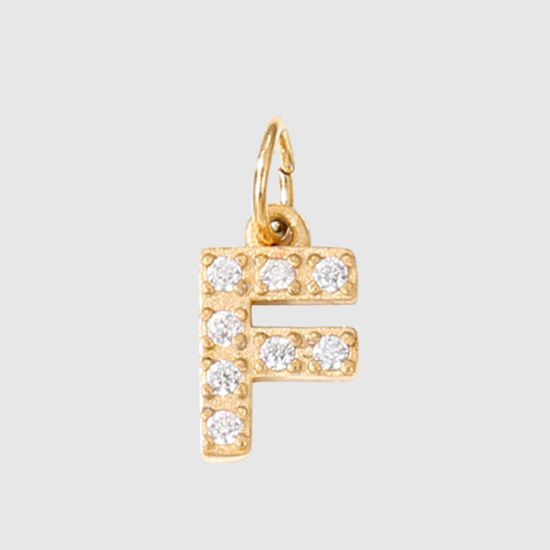 Picture of 1 Piece Eco-friendly PVD Vacuum Plating 304 Stainless Steel Charms 14K Gold Plated Capital Alphabet Initial Letter Message " F " Micro Pave Clear Rhinestone 8mm Dia.