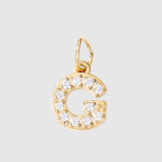 Picture of 1 Piece Eco-friendly PVD Vacuum Plating 304 Stainless Steel Charms 14K Gold Plated Capital Alphabet Initial Letter Message " G " Micro Pave Clear Rhinestone 8mm Dia.