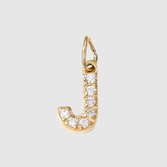 Picture of 1 Piece Eco-friendly PVD Vacuum Plating 304 Stainless Steel Charms 14K Gold Plated Capital Alphabet Initial Letter Message " J " Micro Pave Clear Rhinestone 8mm Dia.