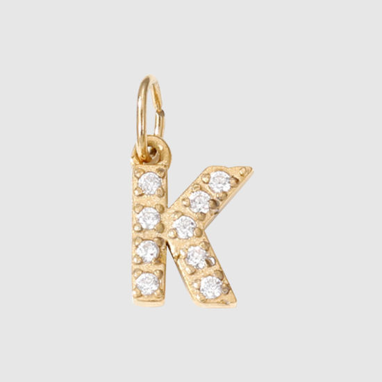 Picture of 1 Piece Eco-friendly PVD Vacuum Plating 304 Stainless Steel Charms 14K Gold Plated Capital Alphabet Initial Letter Message " K " Micro Pave Clear Rhinestone 8mm Dia.