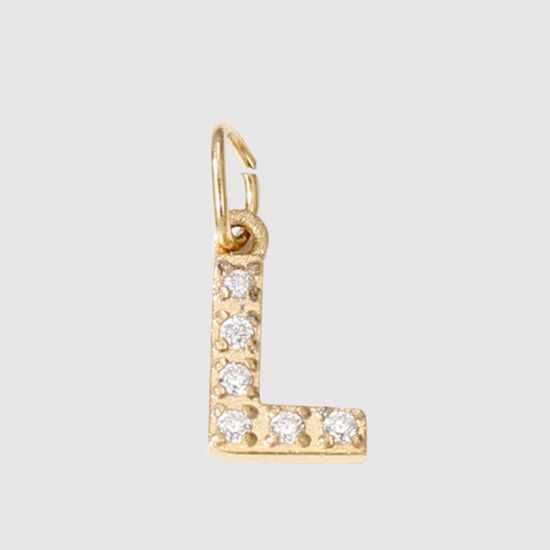 Picture of 1 Piece Eco-friendly PVD Vacuum Plating 304 Stainless Steel Charms 14K Gold Plated Capital Alphabet Initial Letter Message " L " Micro Pave Clear Rhinestone 8mm Dia.